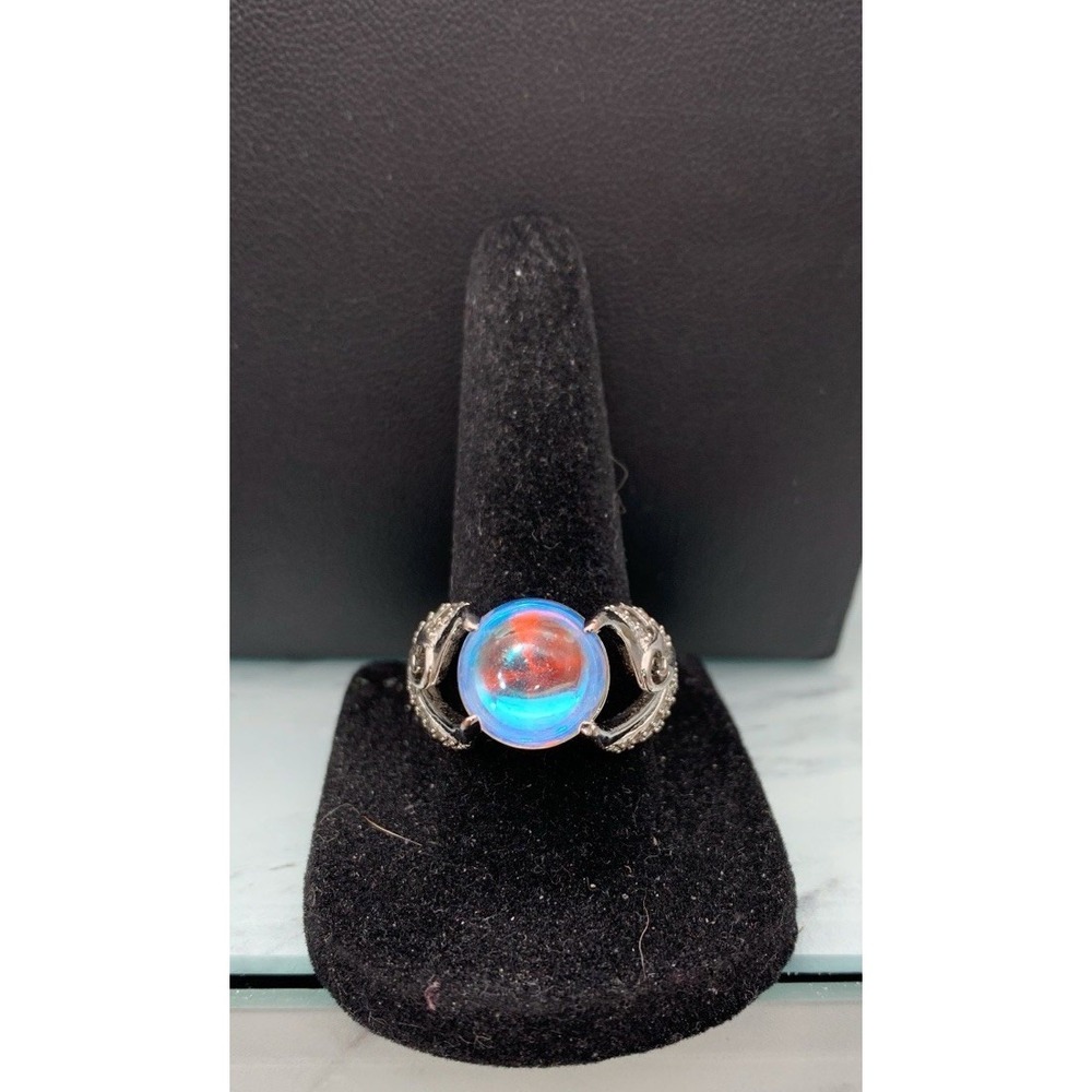 Silver Tone Iridescent Color Changing Faux Moon Stone Swan Angel Wings Ring 7.5 - Picture 3 of 6